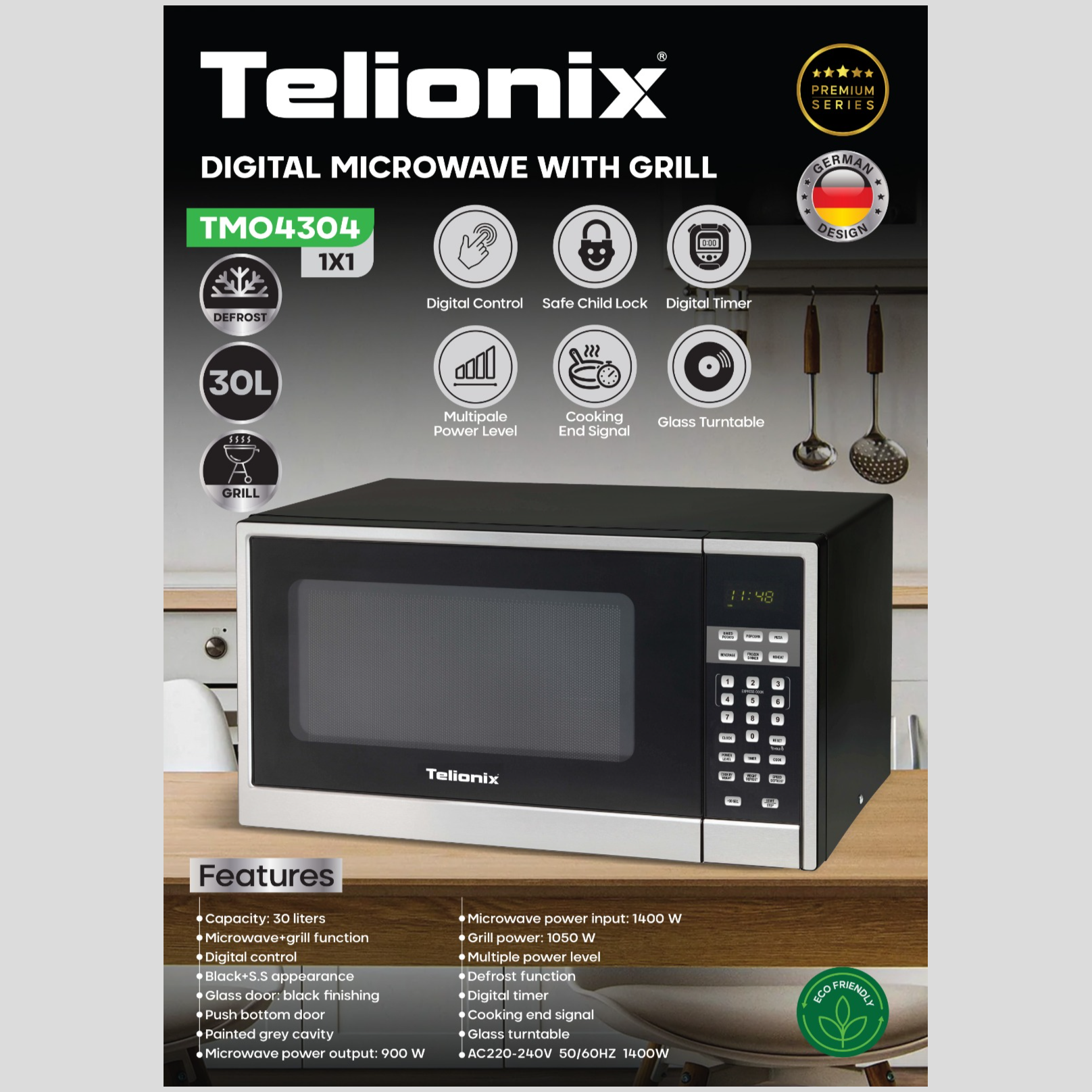 مایکروویو دیجیتال 30 لیتری با گریل تلیونیکس مدل TMO4304