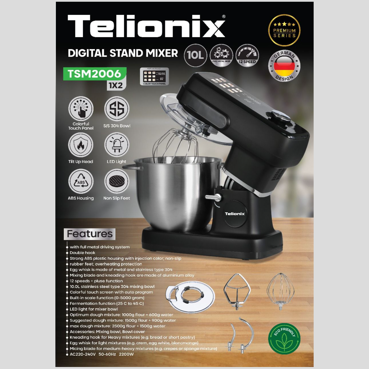 همزن کاسه دار دیجیتال 10 لیتری تلیونیکس مدل TSM2006