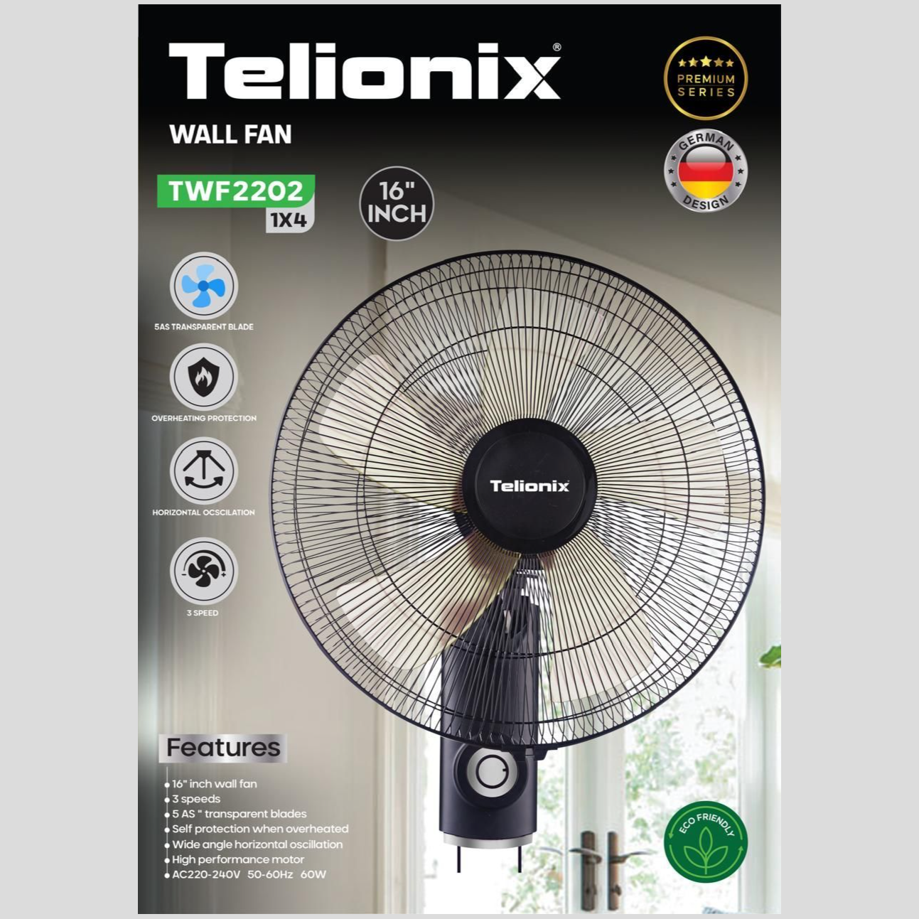 پنکه دیواری 16 اینچی تلیونیکس مدل TWF2202