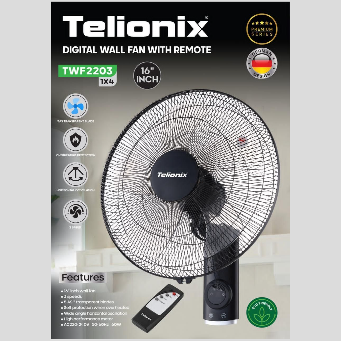 پنکه دیواری  ریموت دار دیجیتال 16 اینچی تلیونیکس مدل TWF2203